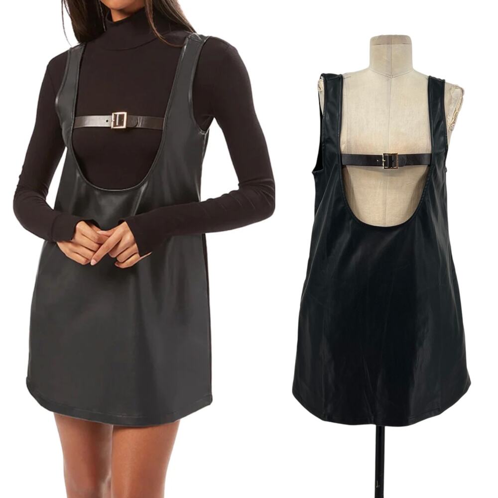 WeWoreWhat Vegan Leather Buckle Front‎ Tunic Jumper Dress Black Size Medium